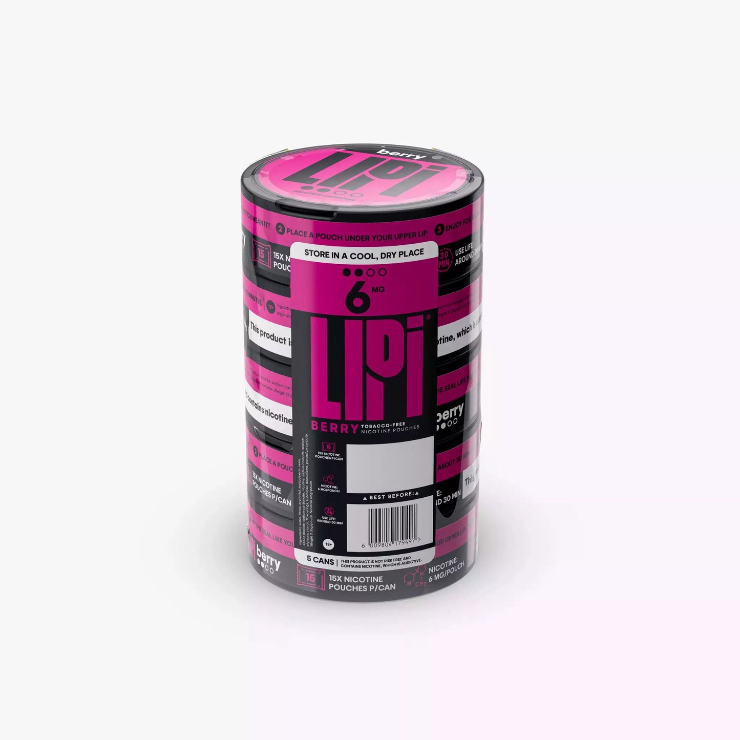 LIPI 6mg Nicotine Pouches Berry - 0.6%/6mg Strength - Nicotine Alternative Smoke-Free Tobacco Free - Bulk Wholesale 5 Pack