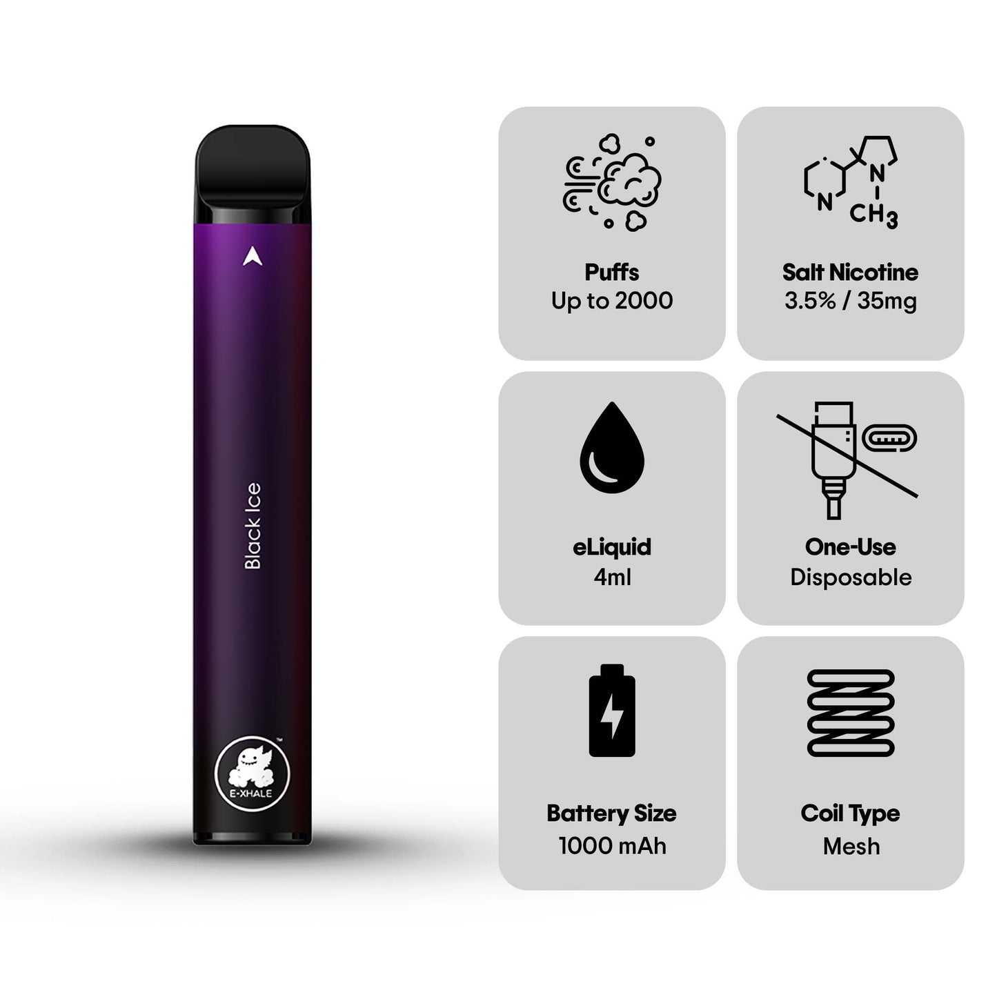 E-XHALE 2000 Puff Black Ice - Blackcurrant, Raspberry & Lychee - 3.5%/35mg Strength - Single-use Disposable Vape
