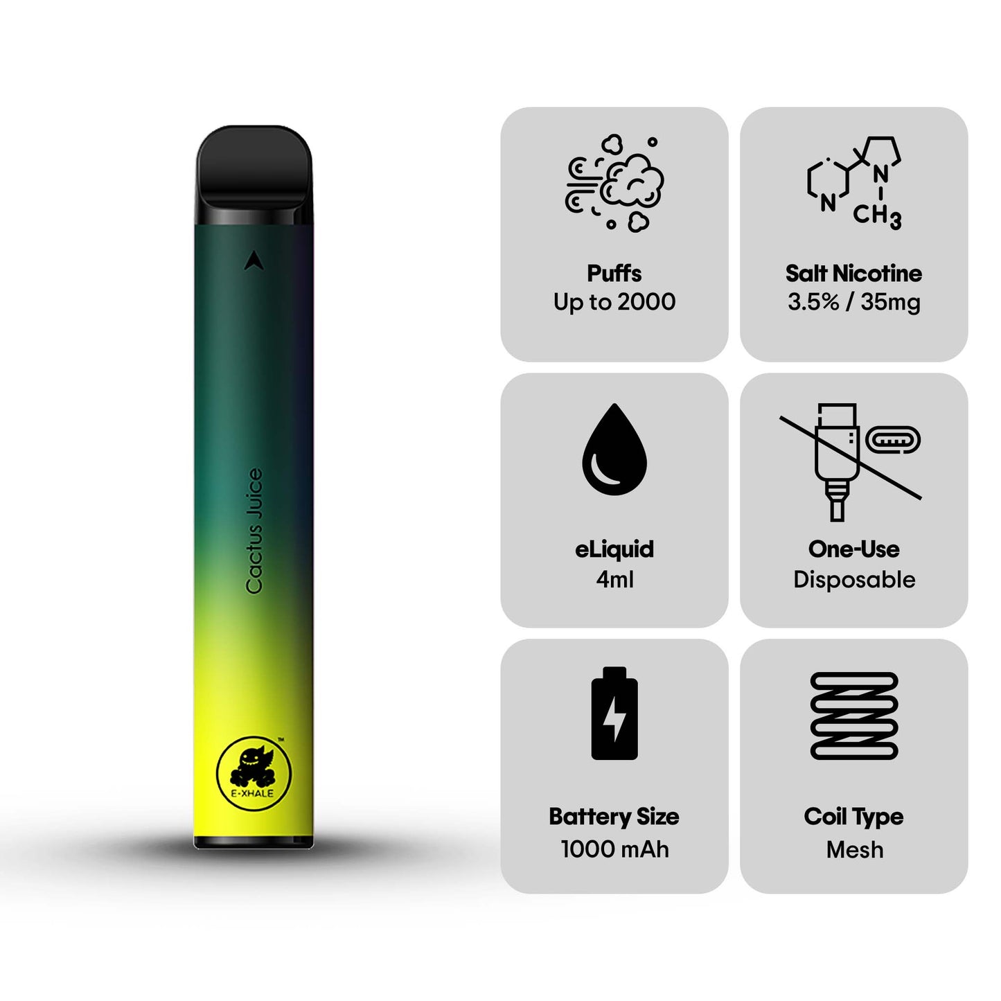 E-XHALE 2000 Puff Cactus Juice - Citrus and Lemonade - 3.5%/35mg Strength - Single-use Disposable Vape