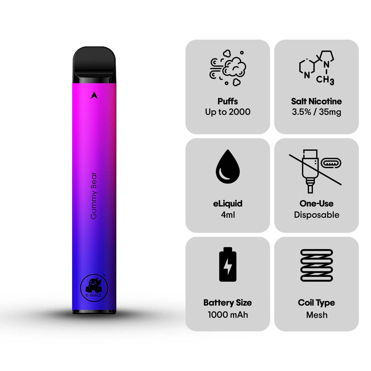 E-XHALE 2000 Puff Gummy Bear - Grape and Mixed Berries - 3.5%/35mg Strength - Single-use Disposable Vape