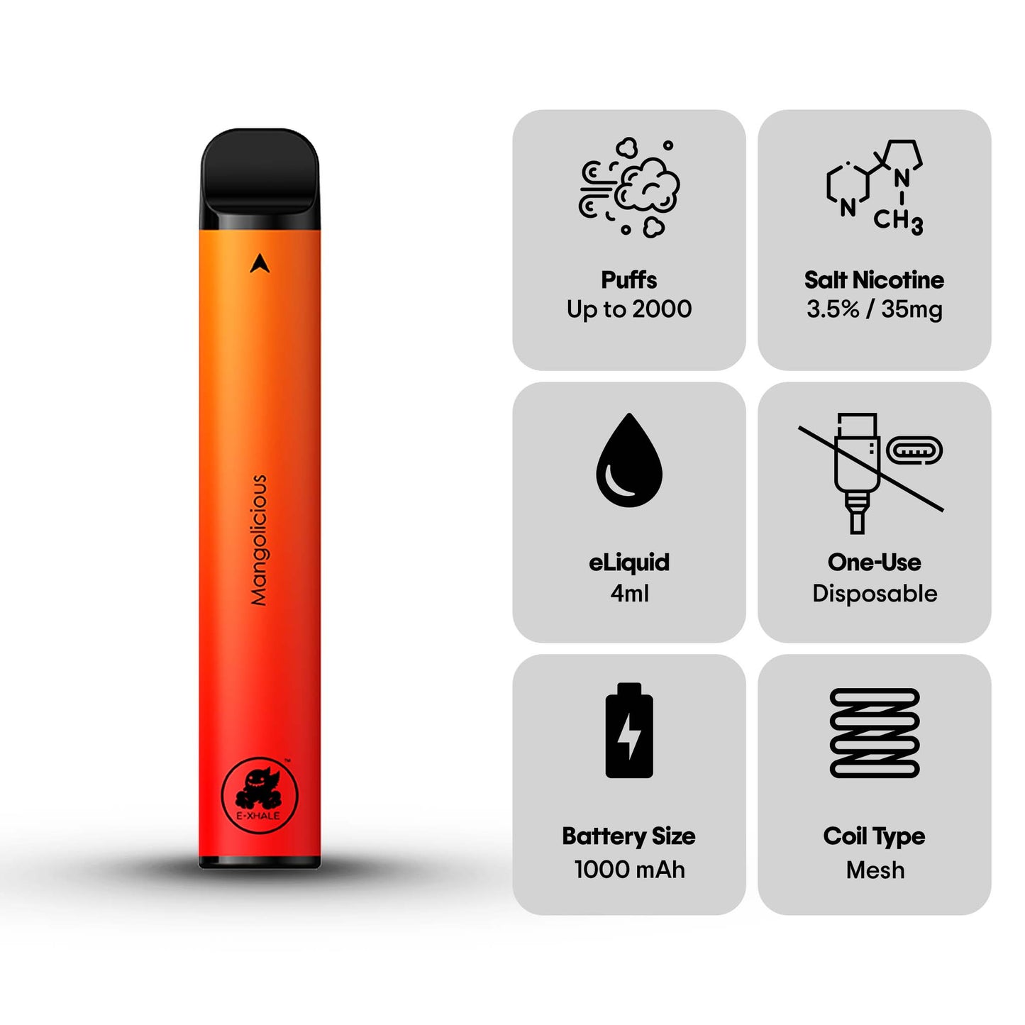 E-XHALE 2000 Puff Mangolicious - Mango and Strawberry - 3.5%/35mg Strength - Single-use Disposable Vape