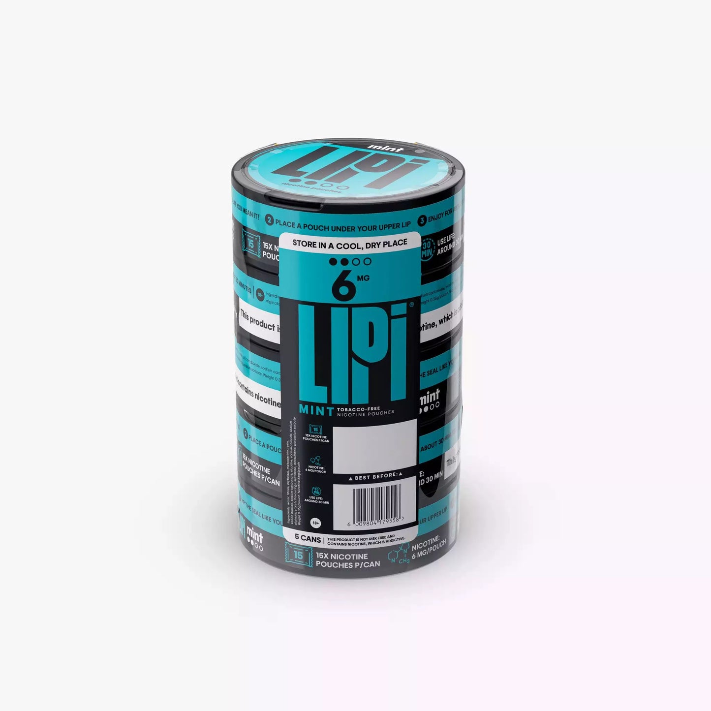 LIPI 6mg Nicotine Pouches Mint - 0.6%/6mg Strength - Nicotine Alternative Smoke-Free Tobacco Free - Bulk Wholesale 5 Pack