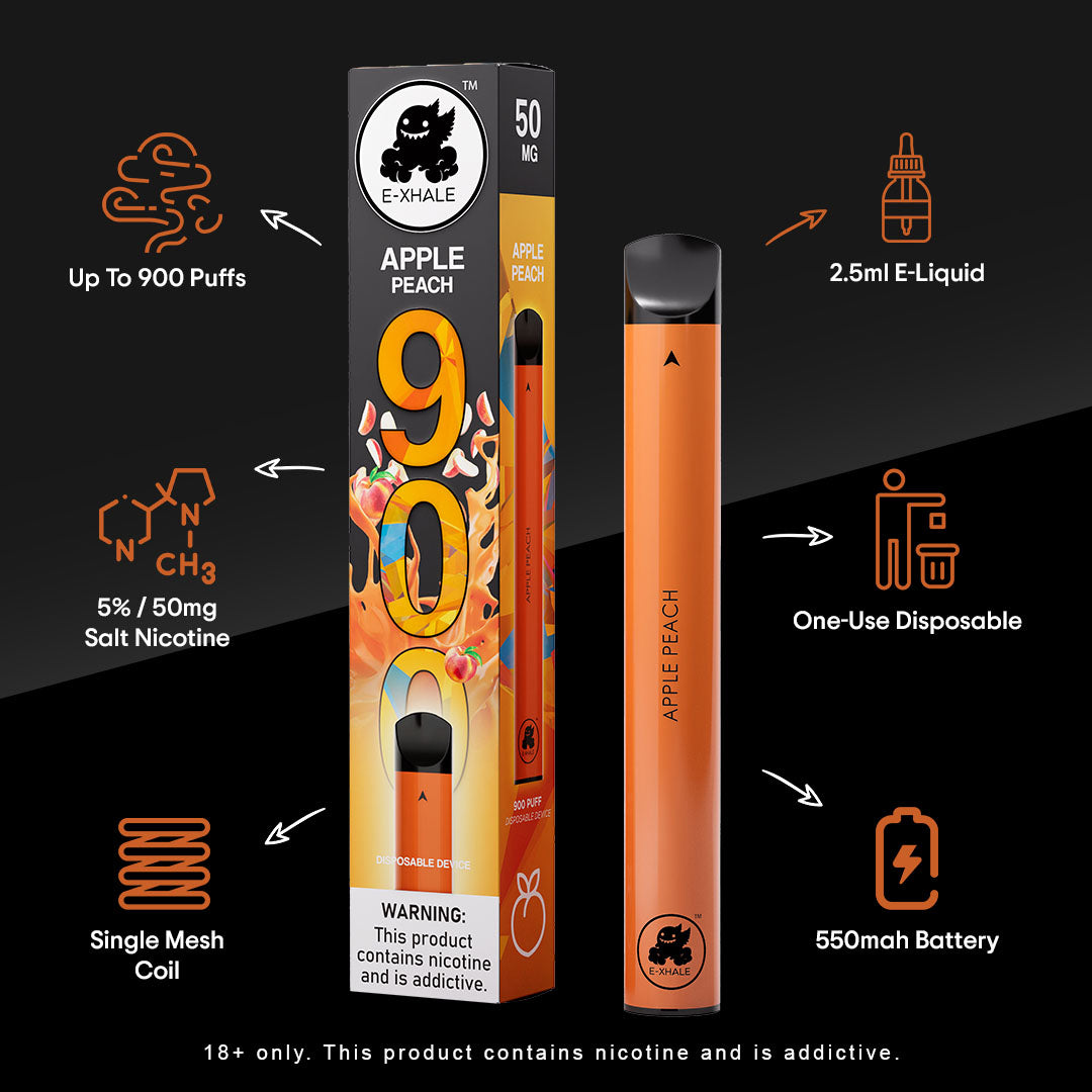 E-XHALE 900 Puff Apple Peach - 5%/50mg Strength - Single-use Disposable Vape