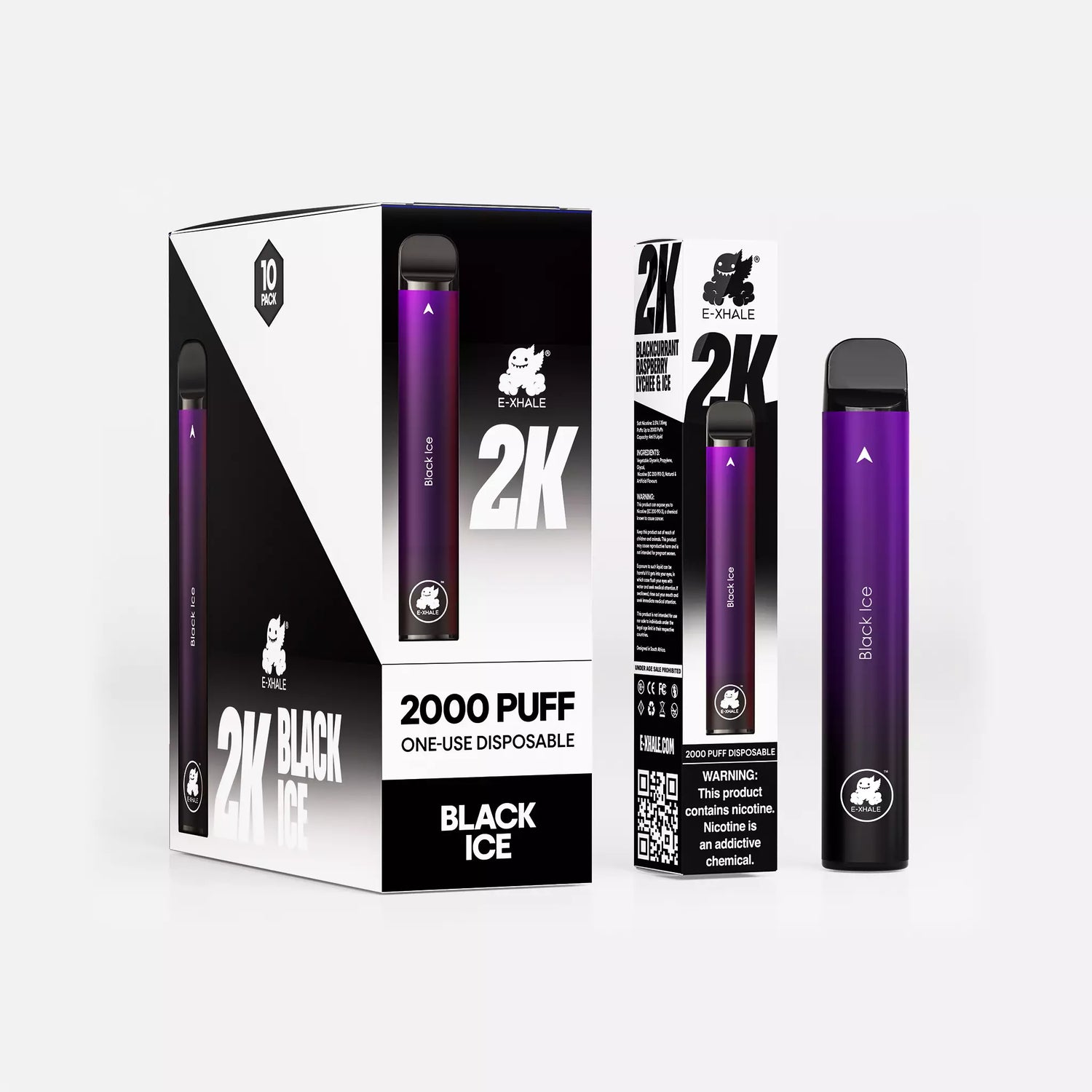 E-XHALE 2000 Puff Black Ice - Blackcurrant, Raspberry & Lychee - 3.5%/35mg Strength - Single-use Disposable Vape - Wholesale 10 Pack