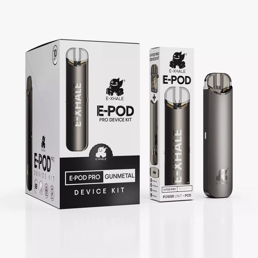 E-XHALE E-Pod Pro Device Kit Gunmetal - Adjustable Airflow and Child Lock Battery Integration - Open Pod Battery System with FREE 2ml Refillable Open Pod - Rechargeable Pod System Battery - Wholesale 10 Pack
