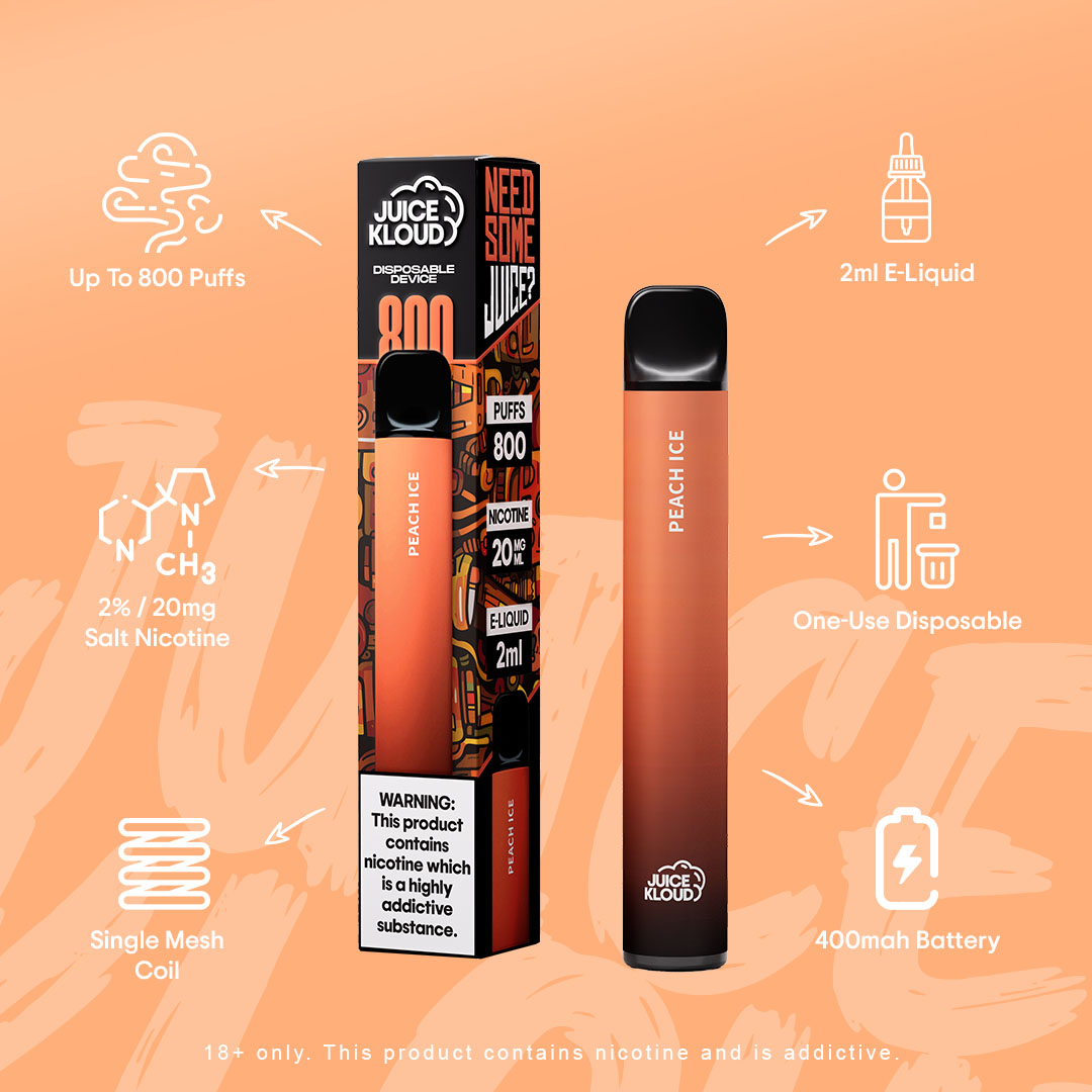 Juice Kloud 800 Puff Peach Ice - 2%/20mg Strength - Most Affordable South African Single-use Disposable Vape