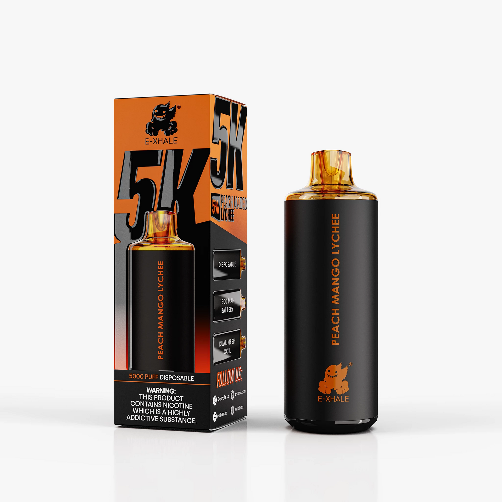 E-XHALE 5K Peach Mango Lychee - 5%/50mg Strength - 5000 Puff Single-Use Disposable Vape