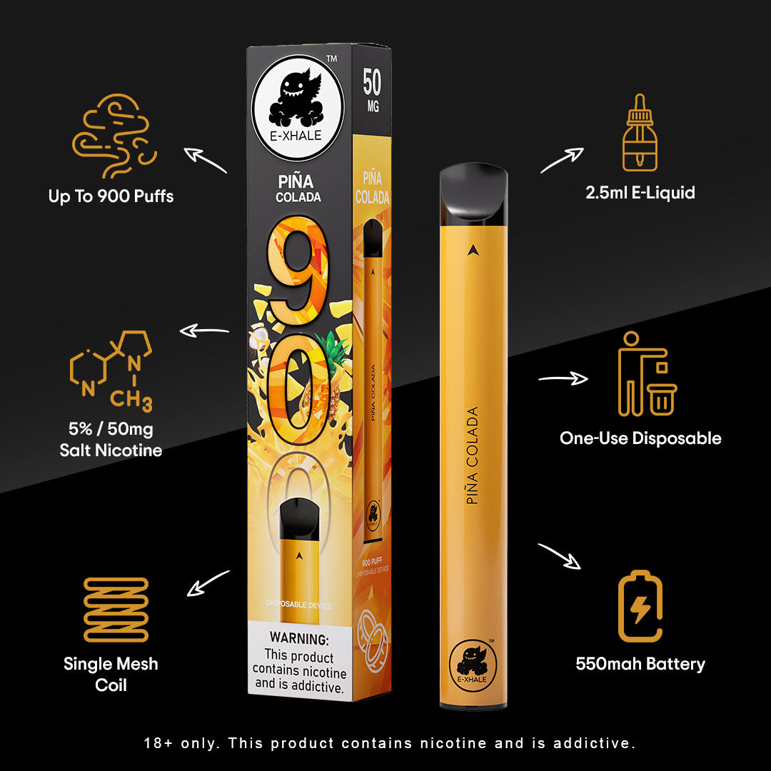 E-XHALE 900 Puff Piña Colada - Pineapple and Coconut - 5%/50mg Strength - Single-use Disposable Vape