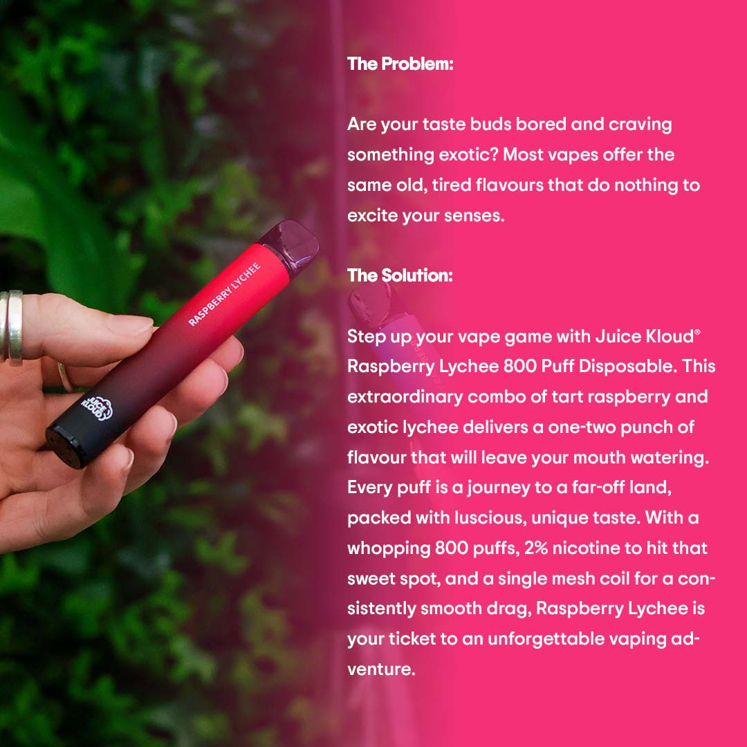 Juice Kloud 800 Puff Raspberry Lychee - 2%/20mg Strength - Most Affordable South African Single-use Disposable Vape