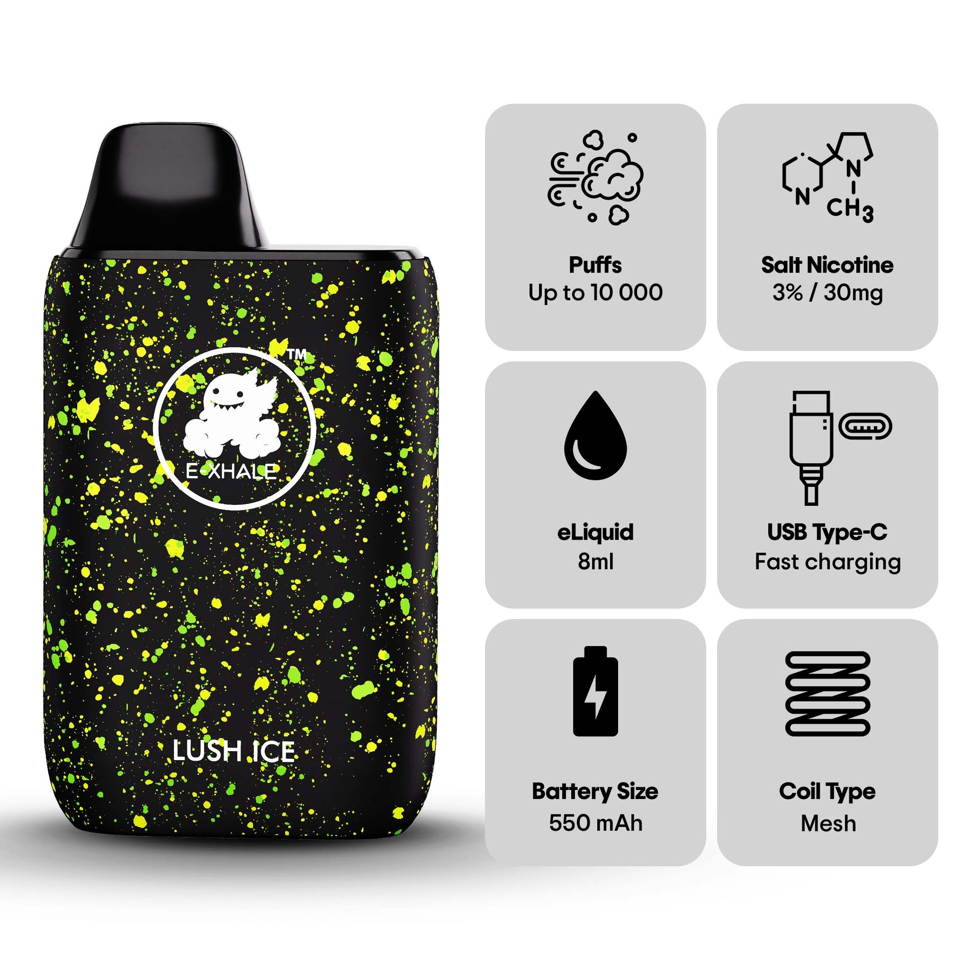E-XHALE 10K Lush Ice - Watermelon and Ice - 5%/50mg Strength - 10 000 Puff Rechargeable Disposable Vape LED Screen