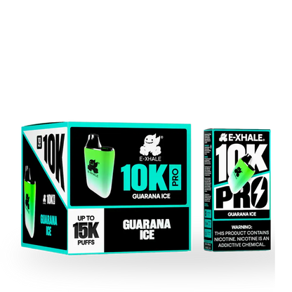 Bulk pack of 10 E-XHALE 10K Pro Guarana Ice rechargeable vapes, 5% nicotine