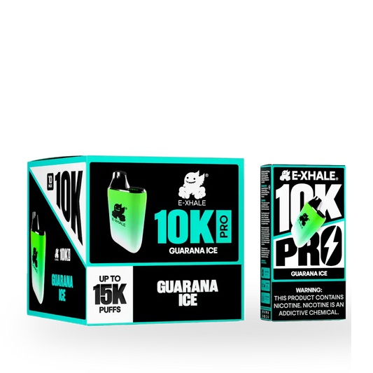 Bulk pack of 10 E-XHALE 10K Pro Guarana Ice rechargeable vapes, 5% nicotine