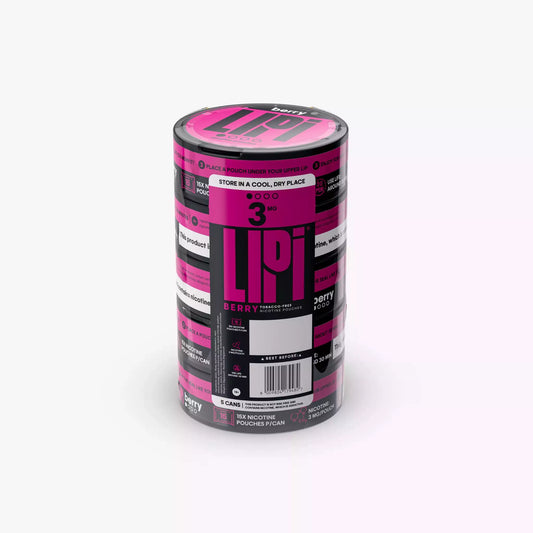 LIPI 3mg Nicotine Pouches  Berry - 0.3%/3mg Strength - Nicotine Alternative Smoke-Free Tobacco Free - Bulk Wholesale 5 Pack