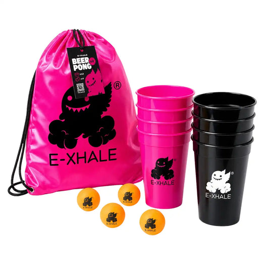 E-XHALE Beer Pong set with a bright pink drawstring bag, two stacks of cups (one pink, one black), and five orange ping-pong balls on a white background.