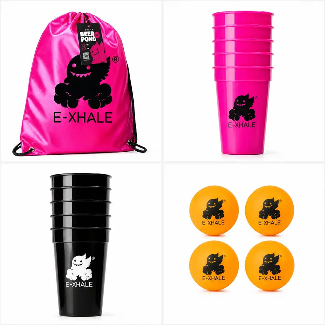 E-XHALE brand exercise set featuring a bright pink drawstring bag with a black monster graphic, a stack of pink cups, a stack of black cups, and four orange balls, all on a white background.
