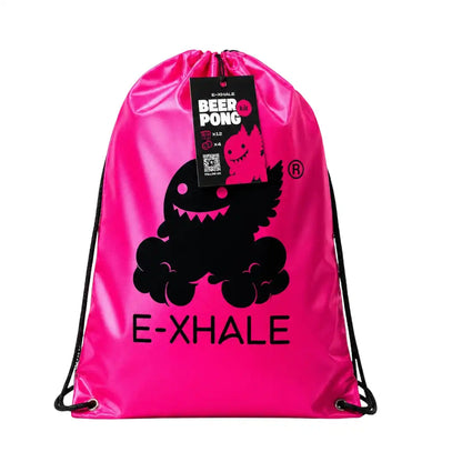 A bright pink drawstring backpack with a black graphic of a cartoon creature and the text 'E-XHALE'. A black hangtag reading 'GOURMET BEER PONG' is attached at the top.