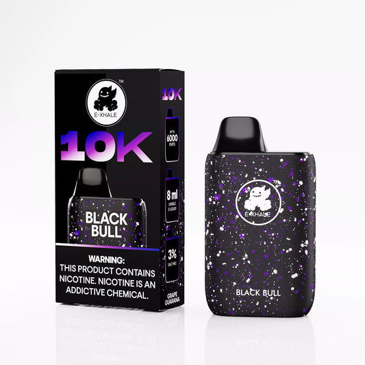 E-XHALE 10K Black Bull - Grape and Guarana - 5%/50mg Strength - 10 000 Puff Rechargeable Disposable Vape LED Screen