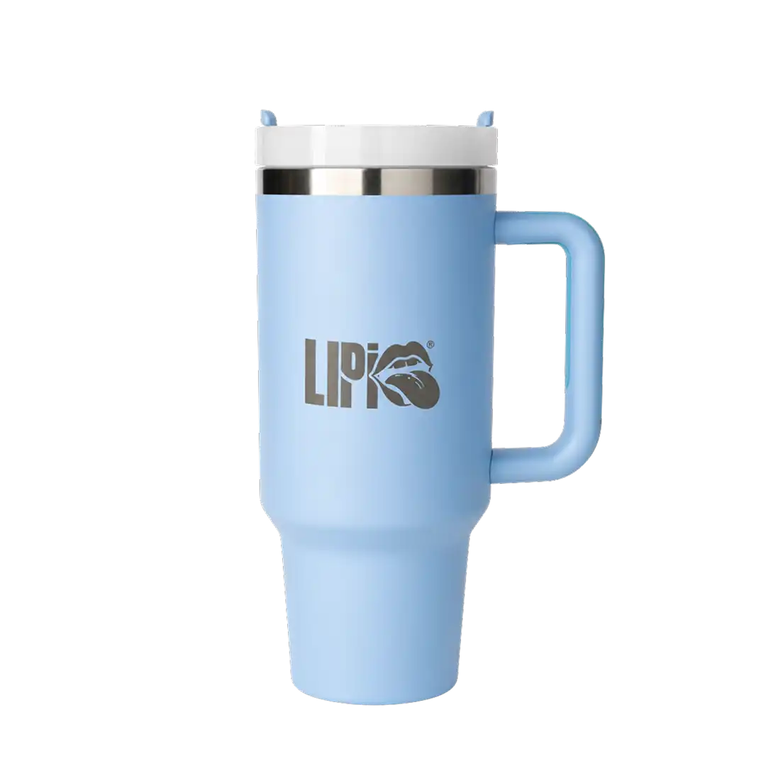A light blue insulated travel tumbler with a handle, a white lid, and a silver stainless steel rim. The front features a dark gray 'LIP' logo with a stylized lip graphic.