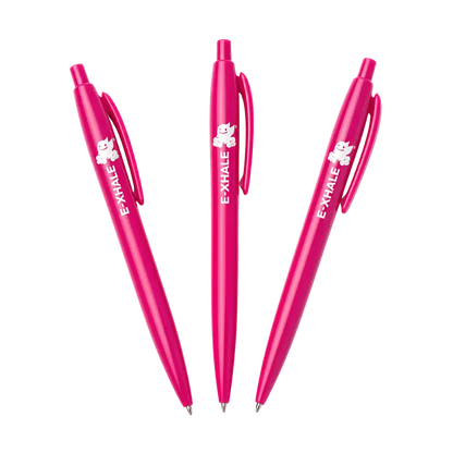 Three bright pink retractable pens arranged vertically on a plain white background, each printed with the word 'EXHALE' and a small white cartoon face near the top.
