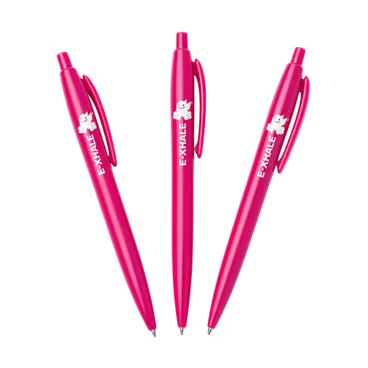 Three bright pink retractable pens arranged vertically on a plain white background, each printed with the word 'EXHALE' and a small white cartoon face near the top.