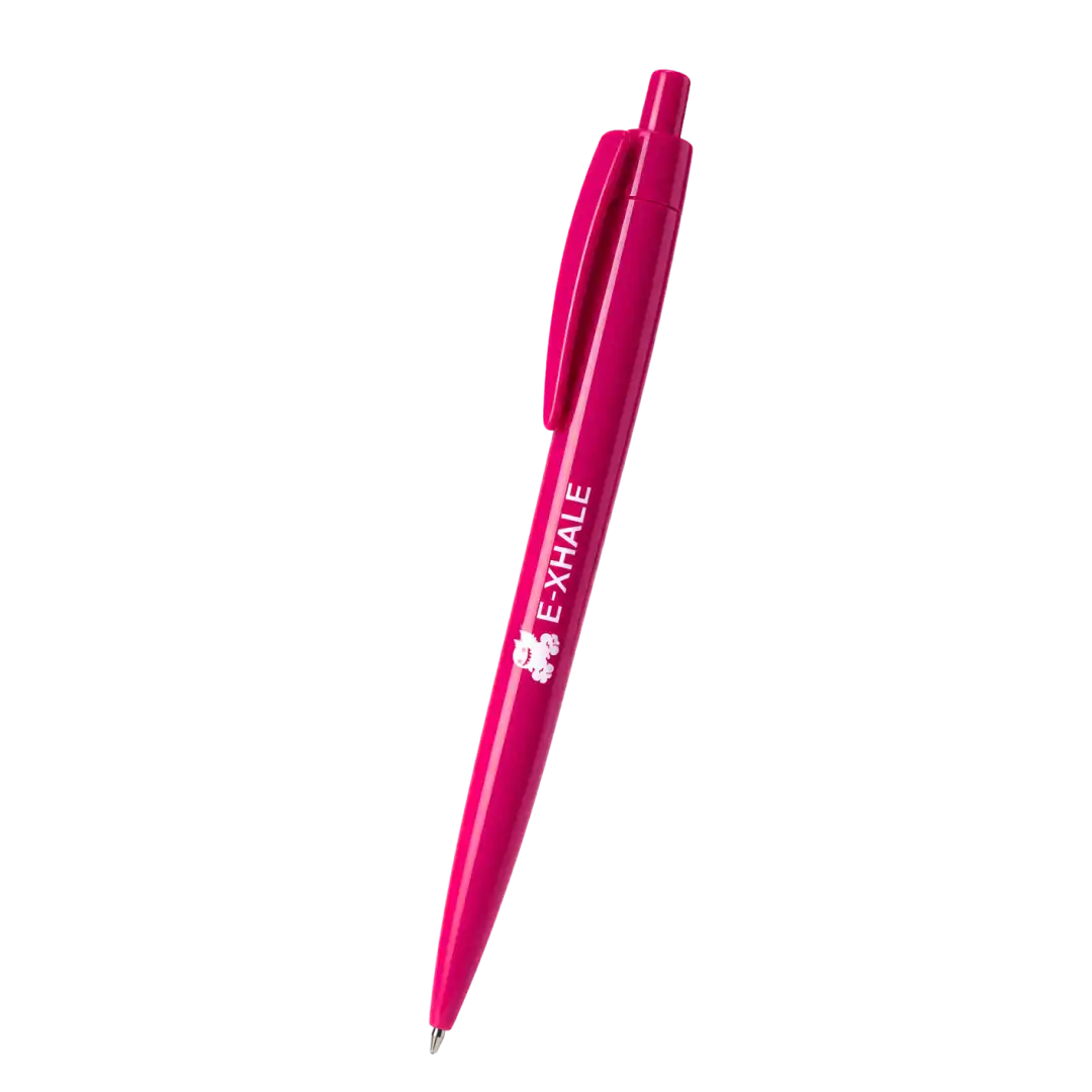 A bright pink retractable pen with a white printed logo and the word 'EXHALE' on the barrel, shown diagonally on a plain white background.