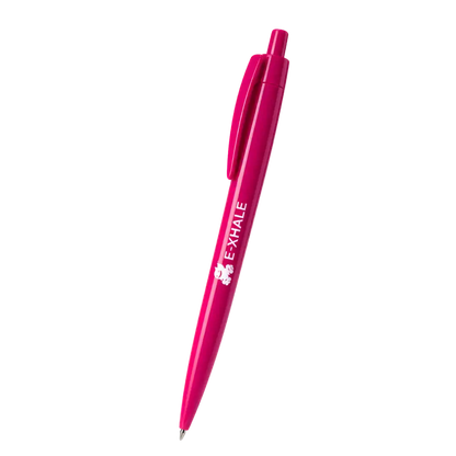 A bright pink retractable pen with a white printed logo and the word 'EXHALE' on the barrel, shown diagonally on a plain white background.