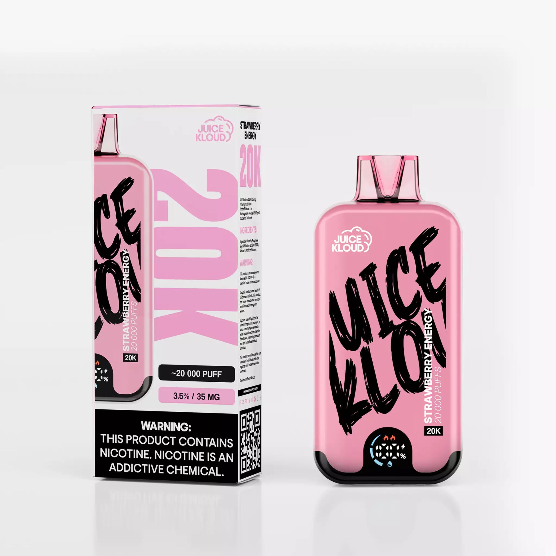 Juice Kloud 20K  Strawberry Energy Guarana - 3.5%/35mg Strength Adjustable Airflow Control - ECO and Turbo Modes - 20 000 Puff Most Affordable South African Rechargeable Disposable Vape LED Screen